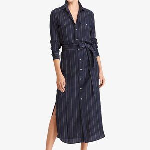 Silk POLO Ralph Lauren Navy Blue Pinstripe Shirt Dress